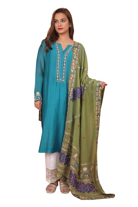 Shop Shetab Kazmi Blue Chanderi Embroidery Split V-neck Blossom Kurta Culottes Set Online at Aza Fashions Shop_Shetab Kazmi_Blue Chanderi Embroidery Split V-neck Blossom Kurta Culottes Set _Online_at_Aza_Fashions