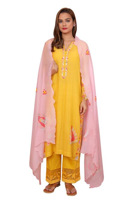 Shetab Kazmi_Yellow Chanderi, Cotton Embroidery, Mirrors, Botanic Kurta Culottes Set _Online_at_Aza_Fashions