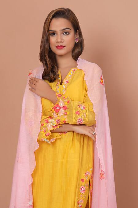 Buy_Shetab Kazmi_Yellow Chanderi, Cotton Embroidery, Mirrors, Botanic Kurta Culottes Set _Online_at_Aza_Fashions