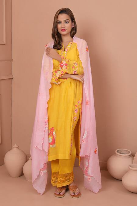 Shop_Shetab Kazmi_Yellow Chanderi, Cotton Embroidery, Mirrors, Botanic Kurta Culottes Set _Online_at_Aza_Fashions