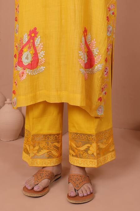 Shetab Kazmi_Yellow Chanderi, Cotton Embroidery, Mirrors, Botanic Kurta Culottes Set _at_Aza_Fashions