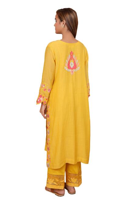 Buy_Shetab Kazmi_Yellow Chanderi, Cotton Embroidery, Mirrors, Botanic Kurta Culottes Set 