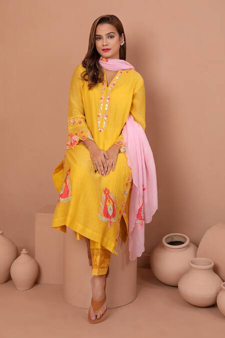 Shop_Shetab Kazmi_Yellow Chanderi, Cotton Embroidery, Mirrors, Botanic Kurta Culottes Set 