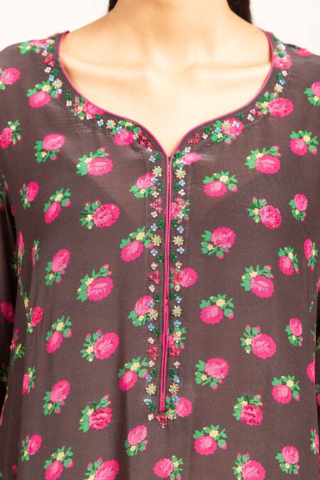 Buy_Shetab Kazmi_Black Crepe Sequins Asymmetric Floral Print Kurta Pant Set _Online_at_Aza_Fashions