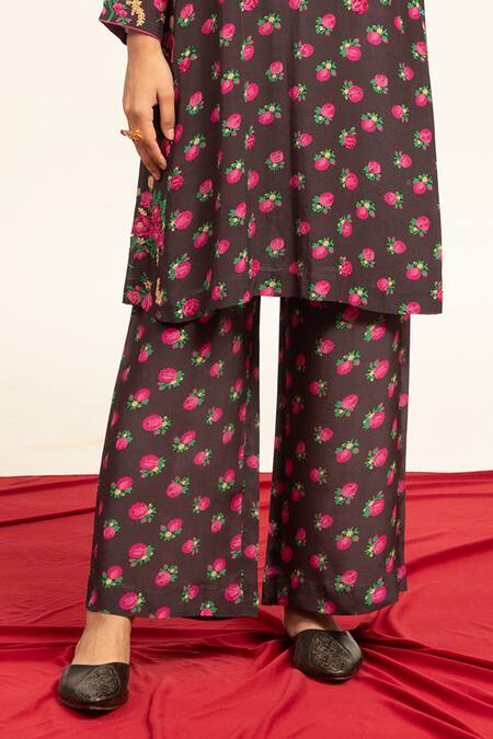 Shop_Shetab Kazmi_Black Crepe Sequins Asymmetric Floral Print Kurta Pant Set _Online_at_Aza_Fashions