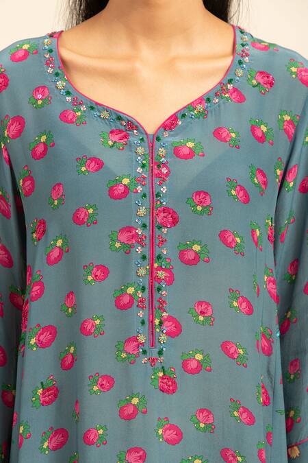 Buy Shetab Kazmi Grey Crepe Embroidery, Sequins Round Neck Botanic Print Kurta Pant Set Online at Aza Fashions Buy_Shetab Kazmi_Grey Crepe Embroidery, Sequins Round Neck Botanic Print Kurta Pant Set _Online_at_Aza_Fashions