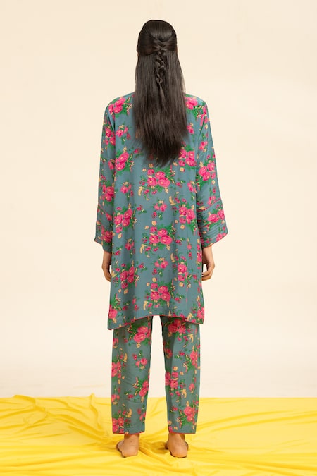 Shop Shetab Kazmi Blue Crepe Embroidery, Sequins, Beads Round Neck Botanic Print Kurta With Salwar at Aza Fashions Shop_Shetab Kazmi_Blue Crepe Embroidery, Sequins, Beads Round Neck Botanic Print Kurta With Salwar _at_Aza_Fashions