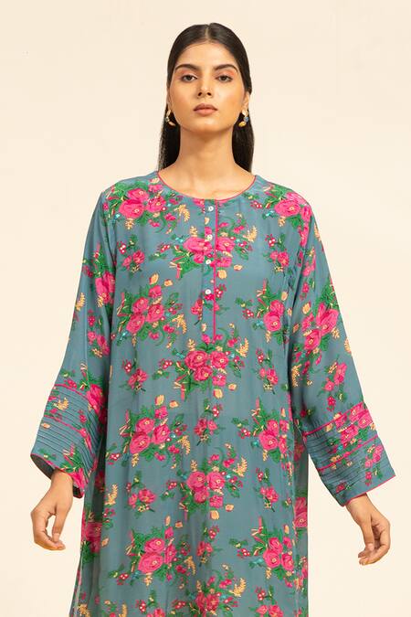 Shetab Kazmi Blue Crepe Embroidery, Sequins, Beads Round Neck Botanic Print Kurta With Salwar Online at Aza Fashions Shetab Kazmi_Blue Crepe Embroidery, Sequins, Beads Round Neck Botanic Print Kurta With Salwar _Online_at_Aza_Fashions