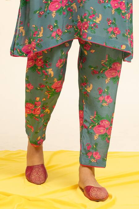 Buy Shetab Kazmi Blue Crepe Embroidery, Sequins, Beads Round Neck Botanic Print Kurta With Salwar Online at Aza Fashions Buy_Shetab Kazmi_Blue Crepe Embroidery, Sequins, Beads Round Neck Botanic Print Kurta With Salwar _Online_at_Aza_Fashions