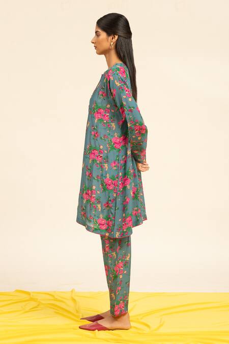 Shop Shetab Kazmi Blue Crepe Embroidery, Sequins, Beads Round Neck Botanic Print Kurta With Salwar Online at Aza Fashions Shop_Shetab Kazmi_Blue Crepe Embroidery, Sequins, Beads Round Neck Botanic Print Kurta With Salwar _Online_at_Aza_Fashions