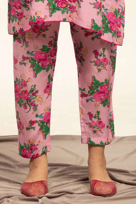 Shetab Kazmi_Pink Crepe Sequins, Beads Round Neck Botanic Print Embellished Kurta With Salwar _Online_at_Aza_Fashions