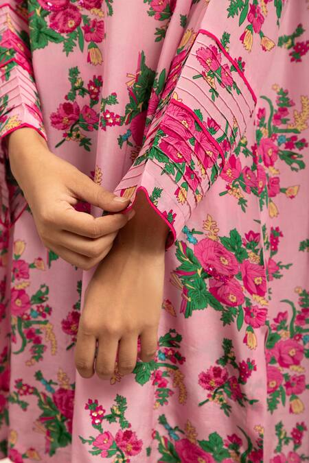 Buy_Shetab Kazmi_Pink Crepe Sequins, Beads Round Neck Botanic Print Embellished Kurta With Salwar _Online_at_Aza_Fashions