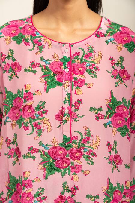 Shop_Shetab Kazmi_Pink Crepe Sequins, Beads Round Neck Botanic Print Embellished Kurta With Salwar _Online_at_Aza_Fashions