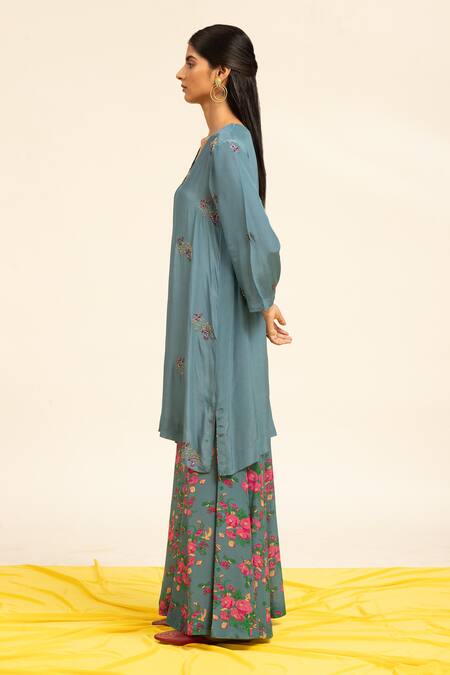 Shetab Kazmi_Grey Crepe Beads, Sequins, Embroidery Embellished Kurta Printed Sharara Set _Online_at_Aza_Fashions