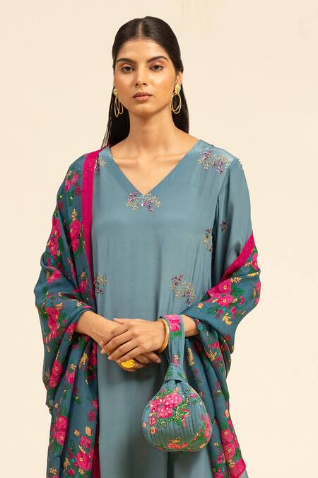 Buy_Shetab Kazmi_Grey Crepe Beads, Sequins, Embroidery Embellished Kurta Printed Sharara Set _Online_at_Aza_Fashions