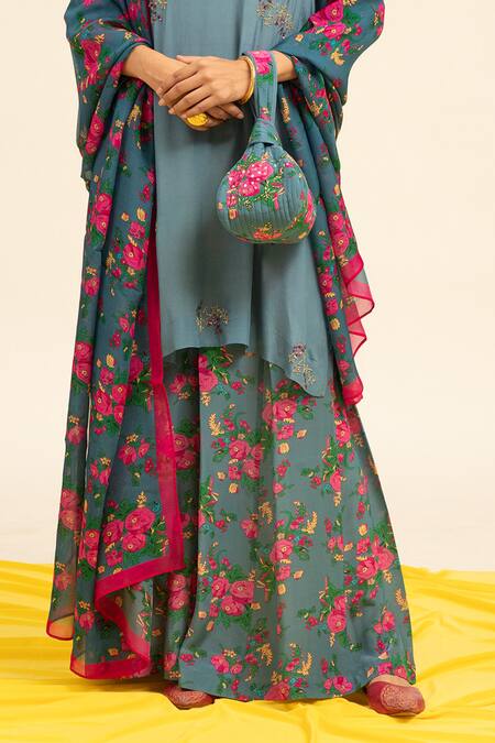 Shop_Shetab Kazmi_Grey Crepe Beads, Sequins, Embroidery Embellished Kurta Printed Sharara Set _Online_at_Aza_Fashions