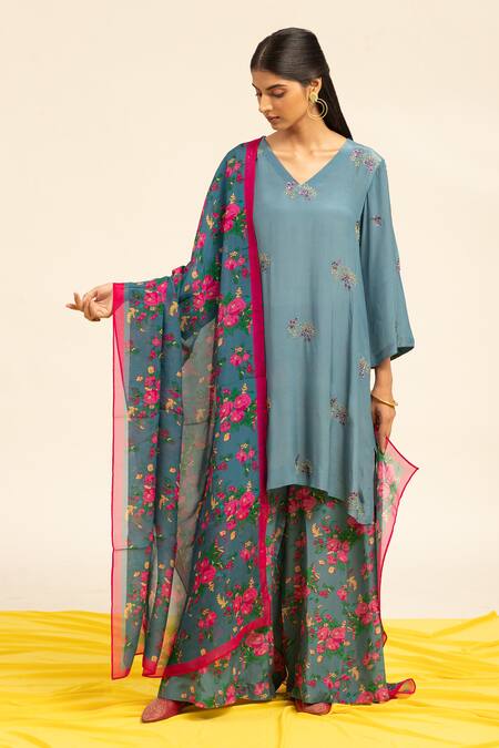 Shetab Kazmi_Grey Crepe Beads, Sequins, Embroidery Embellished Kurta Printed Sharara Set _at_Aza_Fashions
