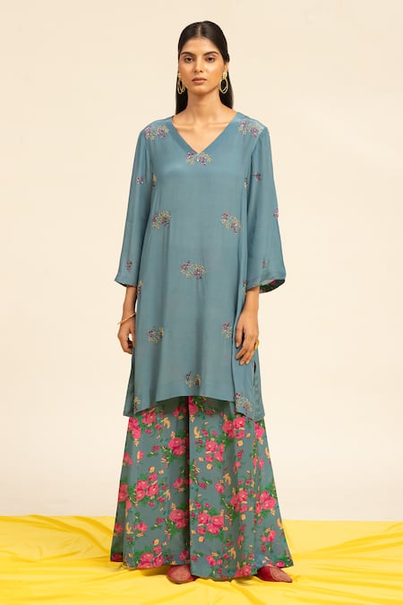 Shop_Shetab Kazmi_Grey Crepe Beads, Sequins, Embroidery Embellished Kurta Printed Sharara Set 