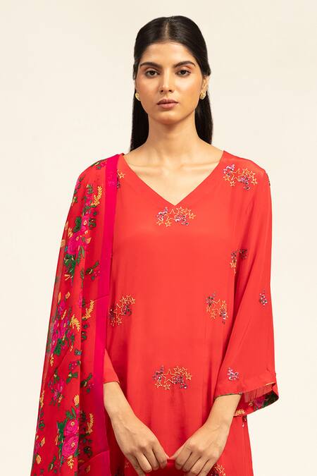 Buy_Shetab Kazmi_Red Crepe, Chiffon Sequins, Beads, Embellished Kurta Printed Sharara Set _Online_at_Aza_Fashions