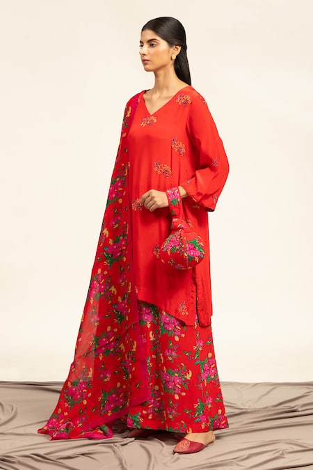 Shop_Shetab Kazmi_Red Crepe, Chiffon Sequins, Beads, Embellished Kurta Printed Sharara Set _Online_at_Aza_Fashions