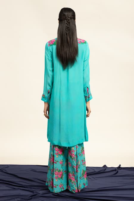 Shop Shetab Kazmi Blue Crepe Sequins, Beads Shawl Neck Cluster Embellished Tunic With Flared Pant at Aza Fashions Shop_Shetab Kazmi_Blue Crepe Sequins, Beads Shawl Neck Cluster Embellished Tunic With Flared Pant _at_Aza_Fashions