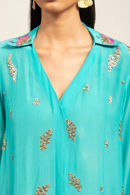Buy Shetab Kazmi Blue Crepe Sequins, Beads Shawl Neck Cluster Embellished Tunic With Flared Pant Online at Aza Fashions Buy_Shetab Kazmi_Blue Crepe Sequins, Beads Shawl Neck Cluster Embellished Tunic With Flared Pant _Online_at_Aza_Fashions