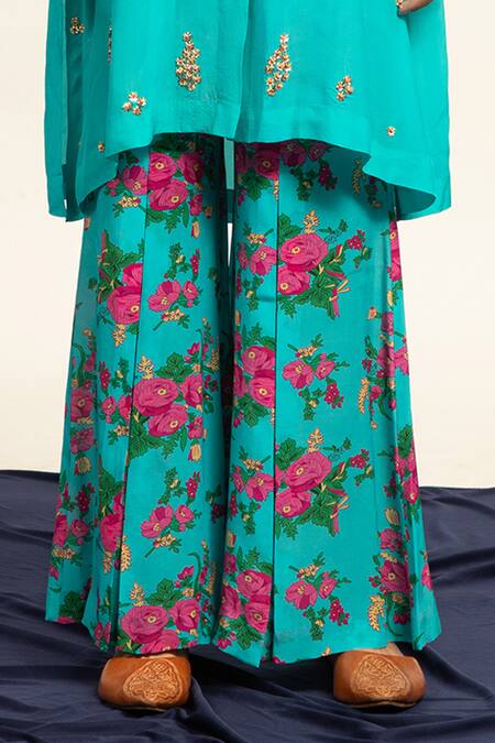 Shop Shetab Kazmi Blue Crepe Sequins, Beads Shawl Neck Cluster Embellished Tunic With Flared Pant Online at Aza Fashions Shop_Shetab Kazmi_Blue Crepe Sequins, Beads Shawl Neck Cluster Embellished Tunic With Flared Pant _Online_at_Aza_Fashions