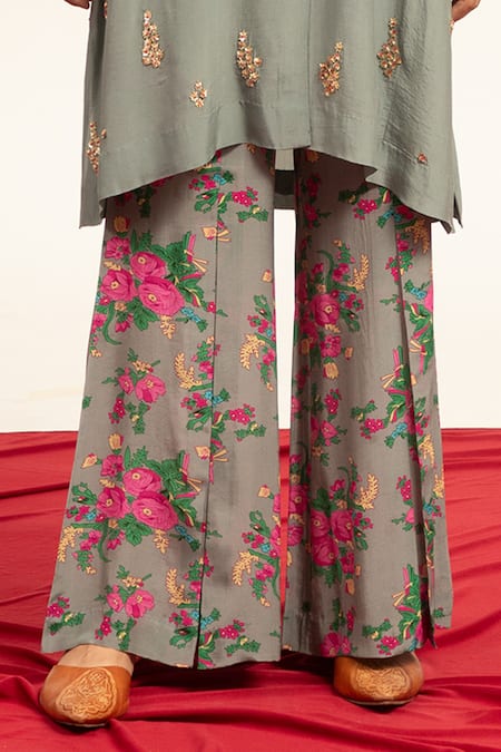 Shetab Kazmi_Grey Crepe Sequins, Beads Shawl Neck Embellished Tunic With Flared Pant _Online_at_Aza_Fashions