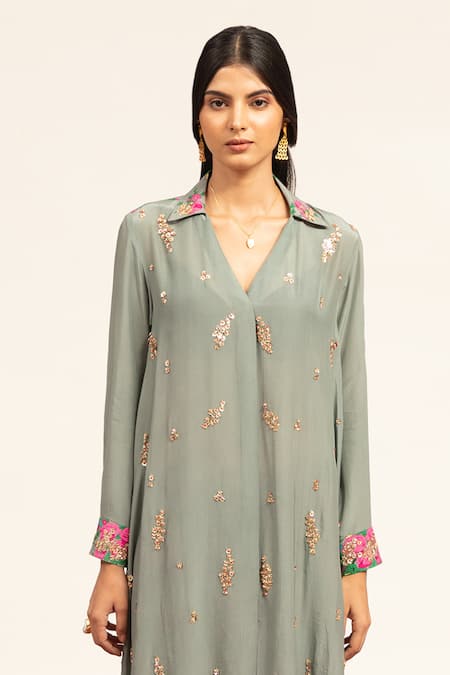 Buy_Shetab Kazmi_Grey Crepe Sequins, Beads Shawl Neck Embellished Tunic With Flared Pant _Online_at_Aza_Fashions