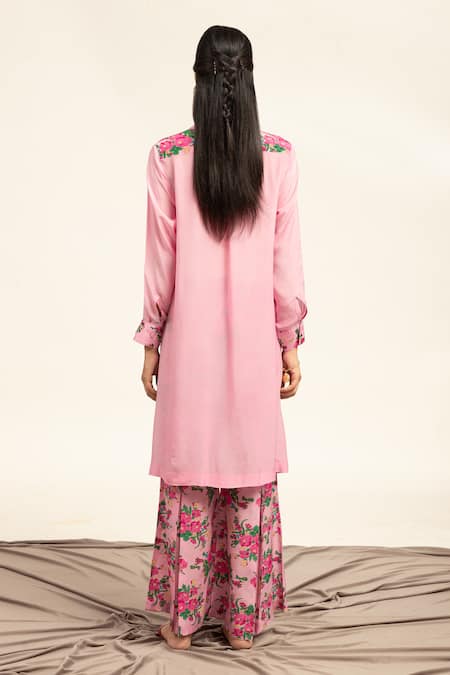 Shop Shetab Kazmi Pink Crepe Beads, Sequins Collared Embellished Tunic With Pant at Aza Fashions Shop_Shetab Kazmi_Pink Crepe Beads, Sequins Collared Embellished Tunic With Pant _at_Aza_Fashions