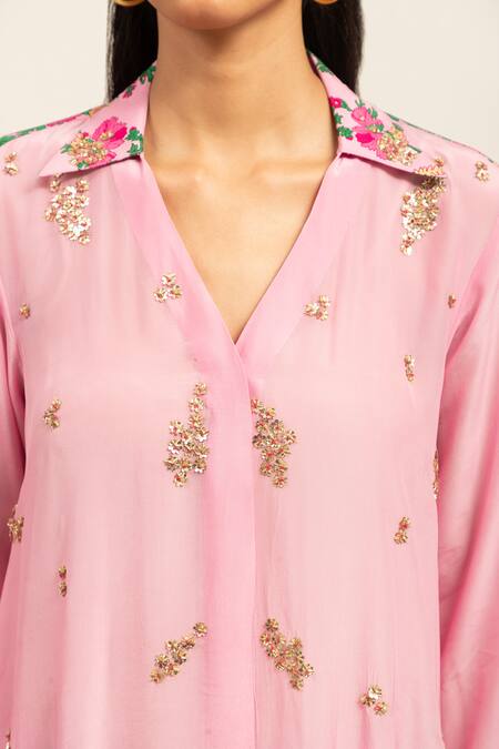 Shetab Kazmi Pink Crepe Beads, Sequins Collared Embellished Tunic With Pant Online at Aza Fashions Shetab Kazmi_Pink Crepe Beads, Sequins Collared Embellished Tunic With Pant _Online_at_Aza_Fashions
