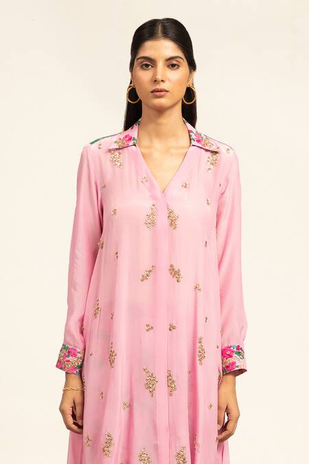 Shop Shetab Kazmi Pink Crepe Beads, Sequins Collared Embellished Tunic With Pant Online at Aza Fashions Shop_Shetab Kazmi_Pink Crepe Beads, Sequins Collared Embellished Tunic With Pant _Online_at_Aza_Fashions