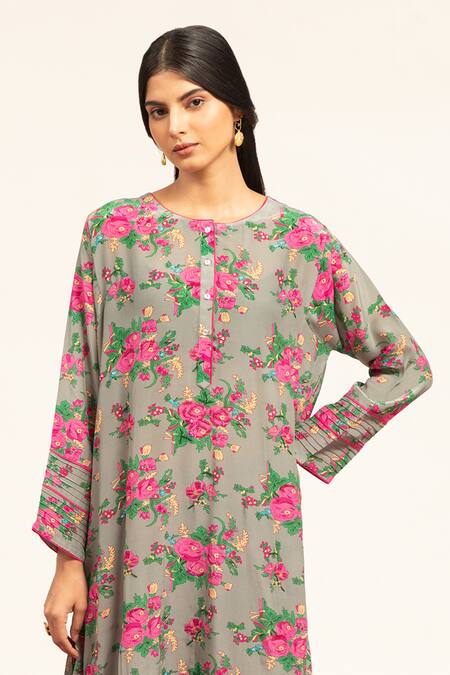Buy Shetab Kazmi Grey Crepe Sequins, Beads Round Neck Botanic Print Kurta With Salwar Online at Aza Fashions Buy_Shetab Kazmi_Grey Crepe Sequins, Beads Round Neck Botanic Print Kurta With Salwar _Online_at_Aza_Fashions