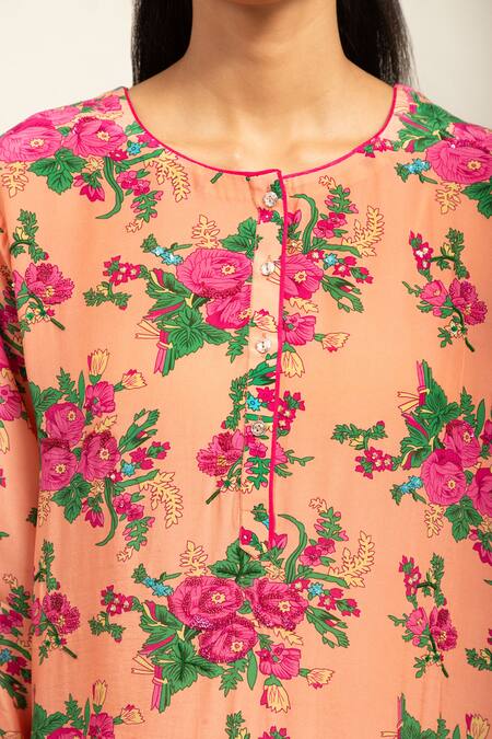 Buy Shetab Kazmi Peach Crepe Sequins, Beads, Embroidery Round Neck Printed Kurta With Salwar Online at Aza Fashions Buy_Shetab Kazmi_Peach Crepe Sequins, Beads, Embroidery Round Neck Printed Kurta With Salwar _Online_at_Aza_Fashions