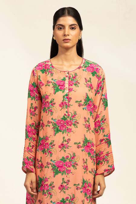 Shetab Kazmi Peach Crepe Sequins, Beads, Embroidery Round Neck Printed Kurta With Salwar at Aza Fashions Shetab Kazmi_Peach Crepe Sequins, Beads, Embroidery Round Neck Printed Kurta With Salwar _at_Aza_Fashions
