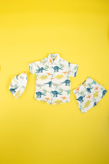 MR Brat_White Cotton, Rayon Dinosaur Print Shirt With Shorts _Online_at_Aza_Fashions