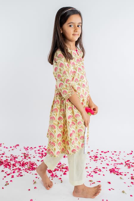 MR Brat_Yellow , Satin Bloom Print Anarkali With Pant _Online_at_Aza_Fashions