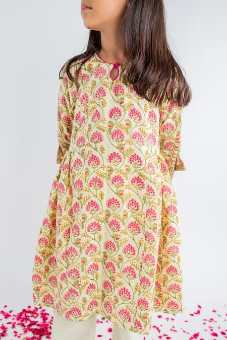 Buy_MR Brat_Yellow , Satin Bloom Print Anarkali With Pant _Online_at_Aza_Fashions