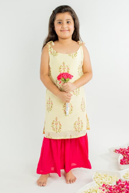 MR Brat_Yellow Muslin, Linen Crest Print Kurta With Palazzo _Online_at_Aza_Fashions