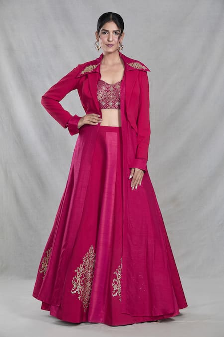 Samyukta Singhania Pink Silk Imported Embroidery Sequin Spread Collar Bloom Jacket Lehenga Set