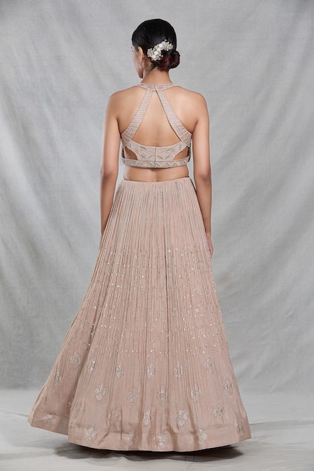 Shop_Samyukta Singhania_Beige Silk, Organza, Chiffon Sequins, Cut Peony Bloom Embroidered Lehenga Set _at_Aza_Fashions