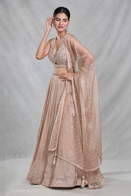 Shop_Samyukta Singhania_Beige Silk, Organza, Chiffon Sequins, Cut Peony Bloom Embroidered Lehenga Set 