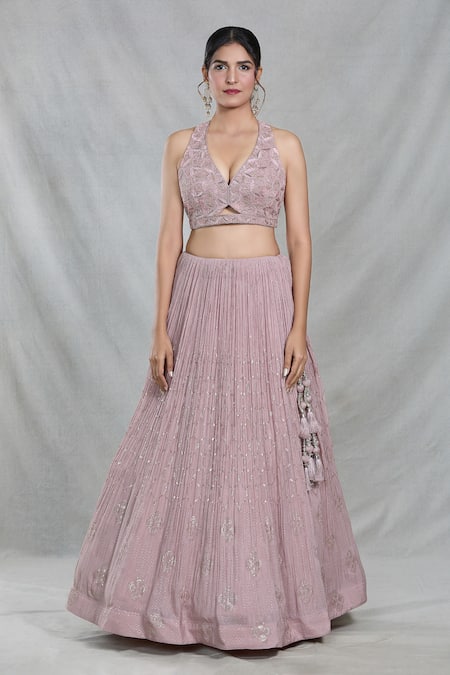 Samyukta Singhania_Pink Silk, Organza, Chiffon Sequins, Cut Work Periwinkle Embroidered Lehenga Set_Online_at_Aza_Fashions