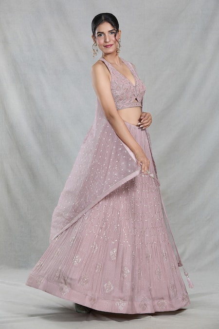 Shop_Samyukta Singhania_Pink Silk, Organza, Chiffon Sequins, Cut Work Periwinkle Embroidered Lehenga Set_Online_at_Aza_Fashions