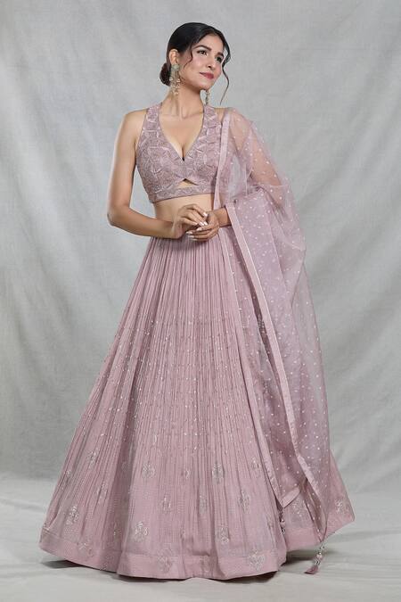 Buy_Samyukta Singhania_Pink Silk, Organza, Chiffon Sequins, Cut Work Periwinkle Embroidered Lehenga Set