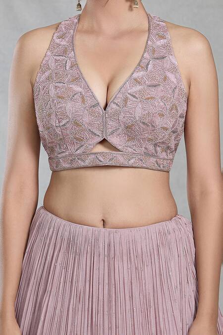 Shop_Samyukta Singhania_Pink Silk, Organza, Chiffon Sequins, Cut Work Periwinkle Embroidered Lehenga Set