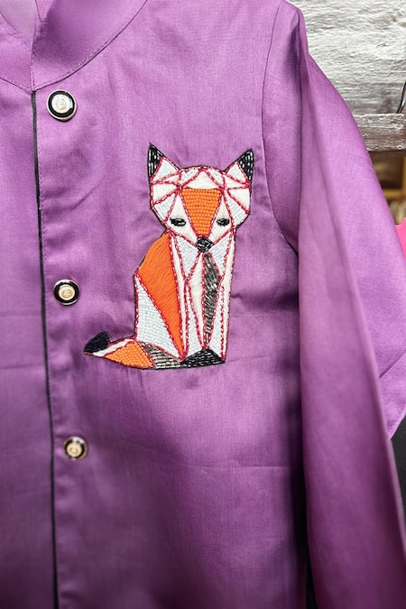 Shop Rage Attire-Sweta Saria Purple Cotton, Silk, Linen Embroidery Fox Jungle Kurta Set at Aza Fashions Shop_Rage Attire-Sweta Saria_Purple Cotton, Silk, Linen Embroidery Fox Jungle Kurta Set _at_Aza_Fashions