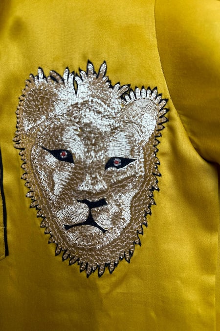 Shop Rage Attire-Sweta Saria Yellow Cotton, Silk, Linen Embroidery Lion Jungle Kurta Set at Aza Fashions Shop_Rage Attire-Sweta Saria_Yellow Cotton, Silk, Linen Embroidery Lion Jungle Kurta Set _at_Aza_Fashions