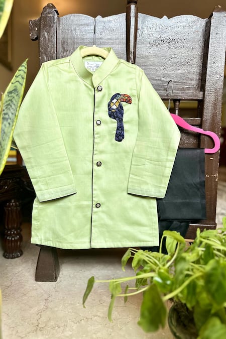 Rage Attire-Sweta Saria Green Cotton, Silk, Linen Cut Work Tuscan Bird Embroidered Kurta Set