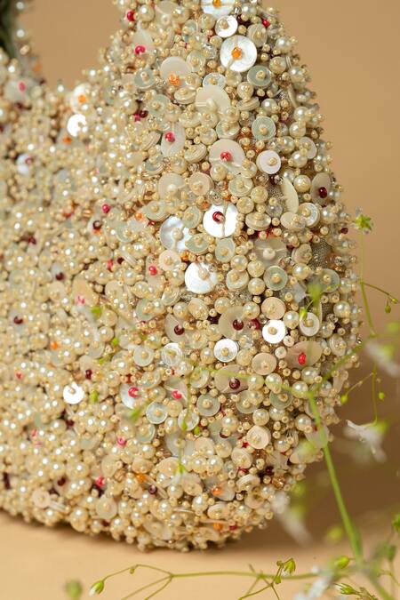 ClutcH'D_Silver Beads, Chains Japanese Embellished Bag _Online_at_Aza_Fashions